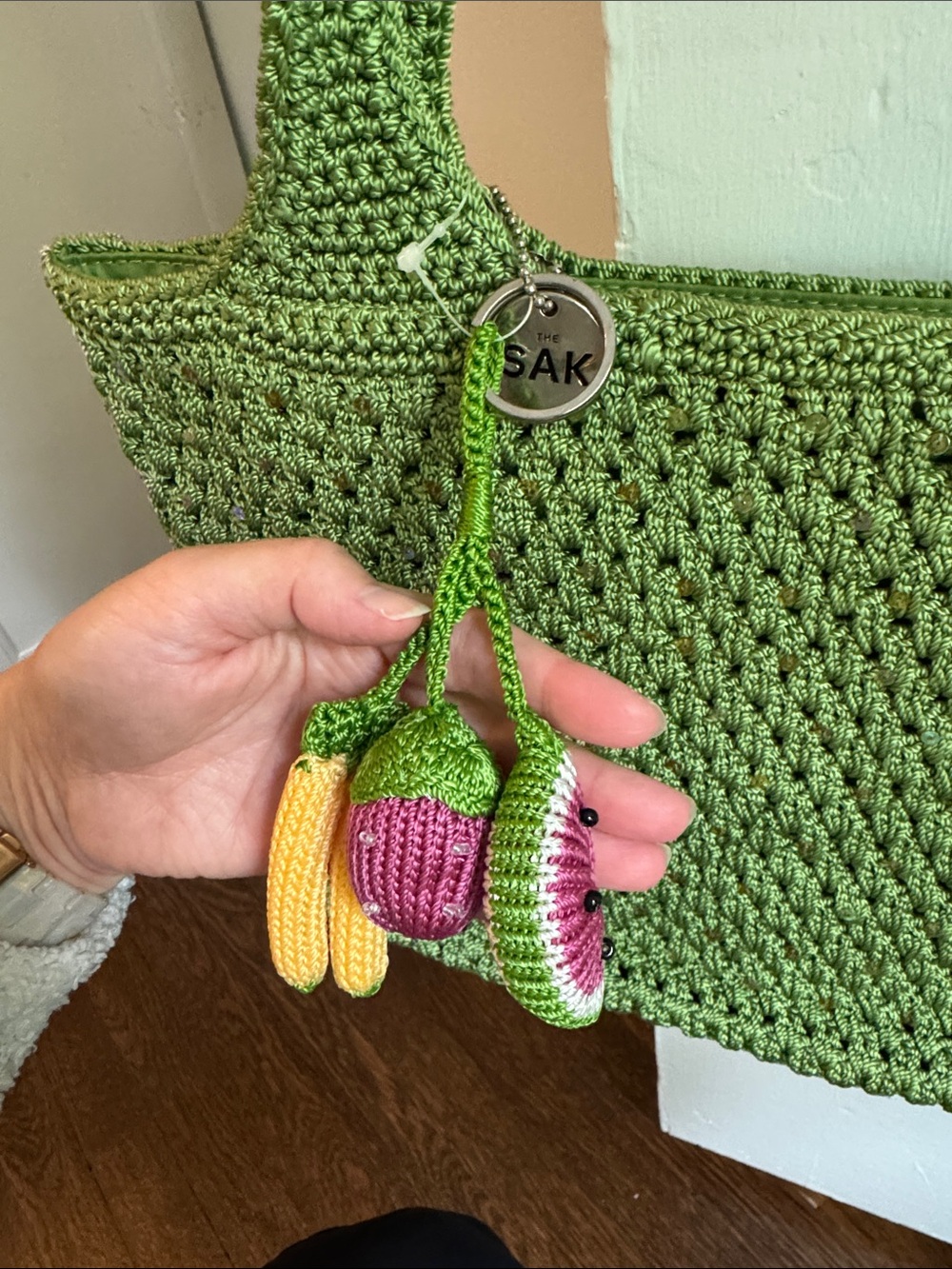 NEW The Sak Olive Green Crochet Tote with Multicolor Tassel - Picture 2 of 6